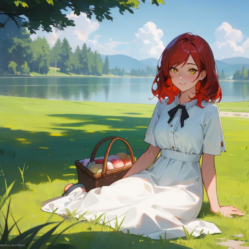 00142-2299588986-1Girl, mature, American, redhead, medium hair, yellow eyes, sitting on a picnic blanket near a lake, elegant summer dress, happy.png